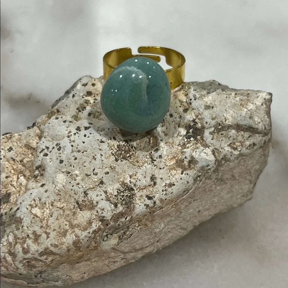 Green Aventurine Stone Ring Adjustable Gold Tone Band Handmade Jewelry